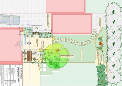 Kleiner Reihenhausgarten mit  neuer Natursteinterrasse  und Hochbeeten. Umgestaltung in Freiburg-Tiengen, Gartenplanung Helmut Lamprecht